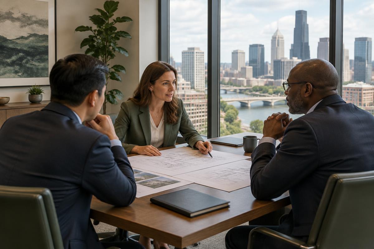 Professionals reviewing plans around a meeting table